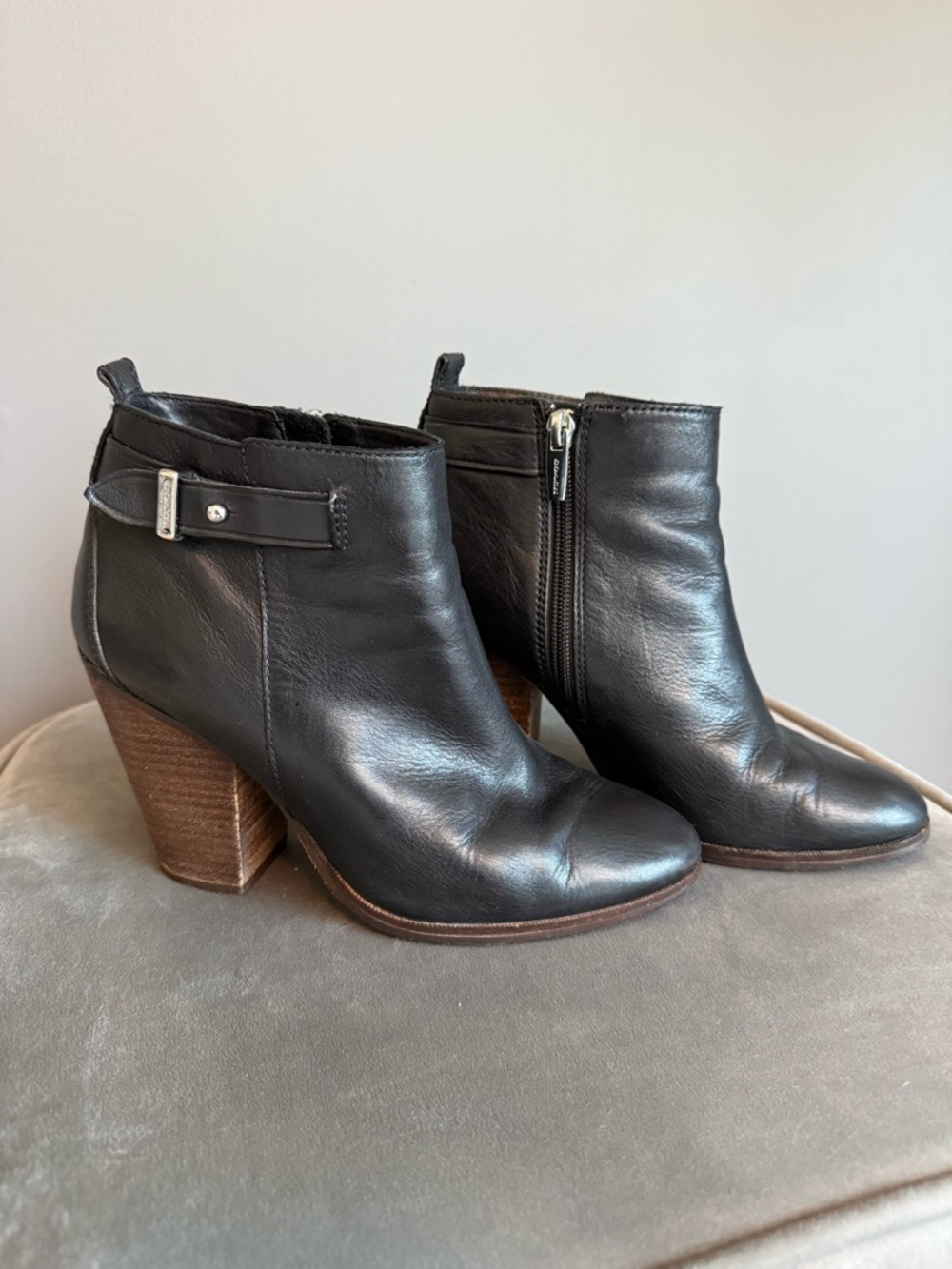 Coach Black Leather Ankle Booties with Stacked Wood Heel